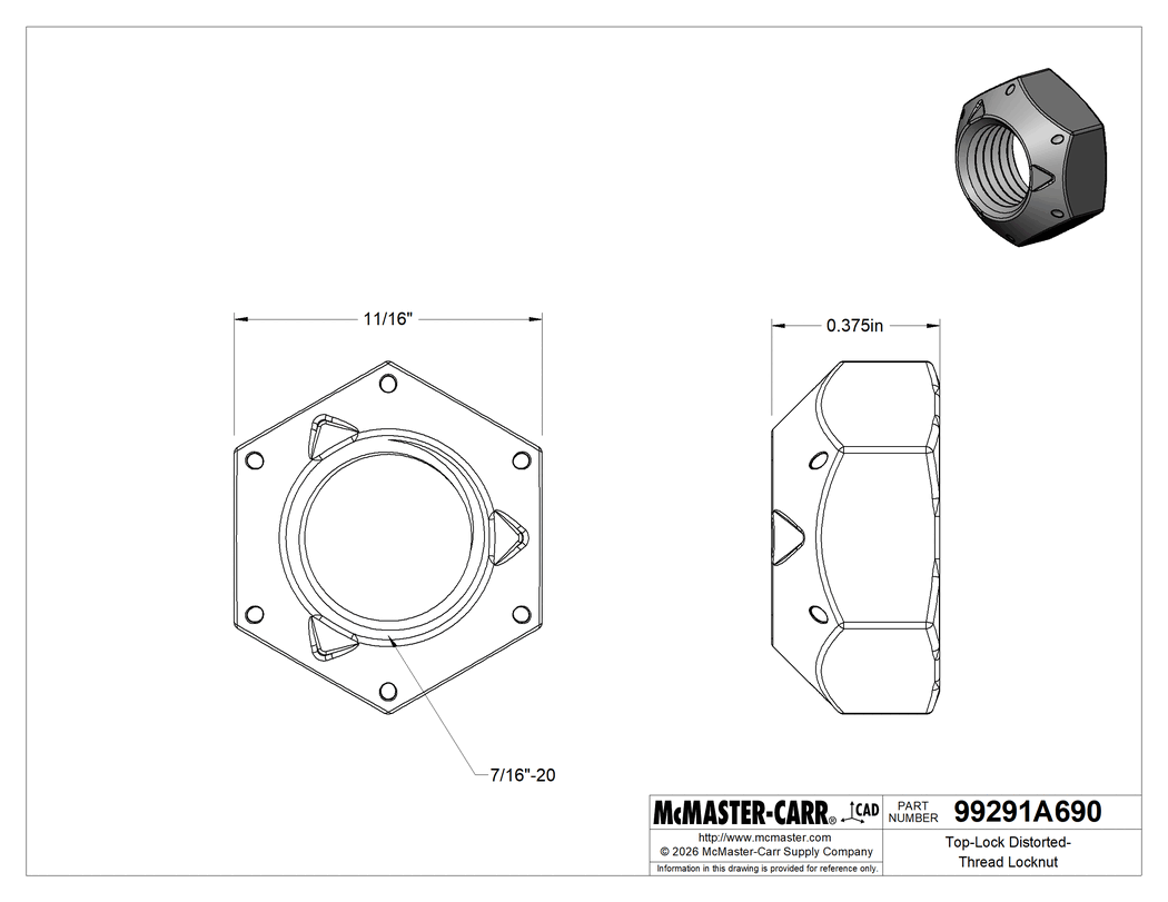 Technical Drawing of Top-Lock Distorted-Thread Locknut, Zinc-Flake Coated High-Strength Grade C Steel, 7/16"-20.